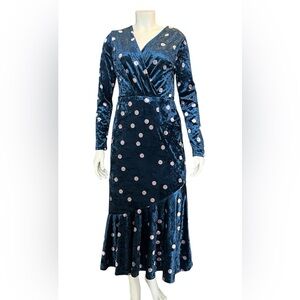 Vintage Migeer Velvet Polka Dot Wrap Style Dress Sz M Long Sleeve V-neck Cotton